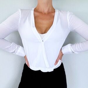 BCBGeneration white surplice wrap front long sheer tunic tuck in blouse size XS